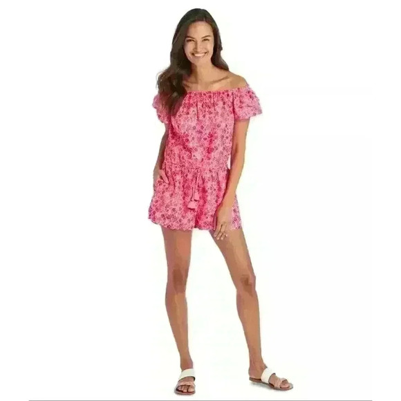 Vineyard Vines Boho Linen Pink Red Tile Otomi Romper Off the Shoulder Size Small - Picture 1 of 8